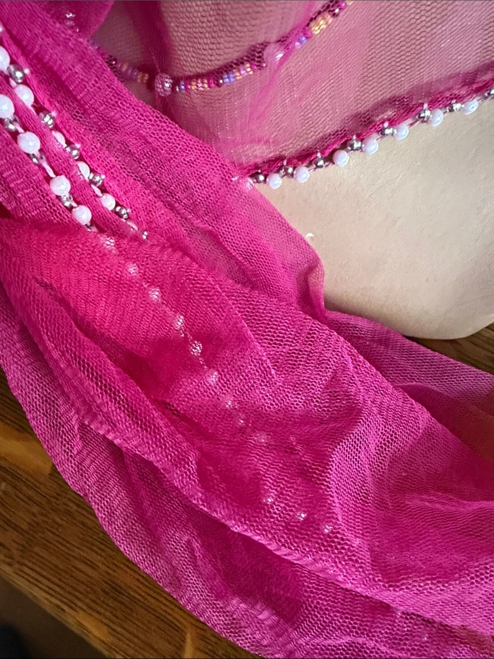 Bright Pink and Yellow Beaded Sheer Scarf - Women's Wrap